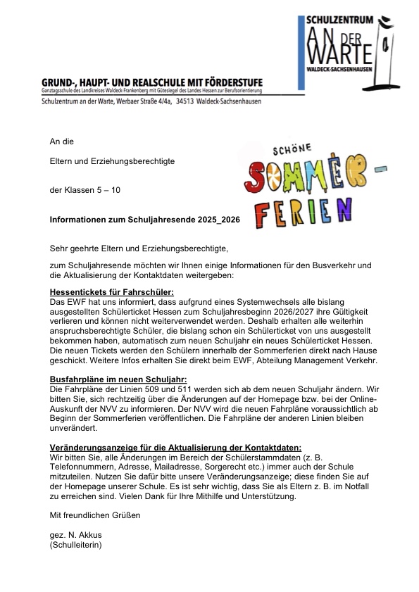 Informationen zum Schuljahresende 2025 2026