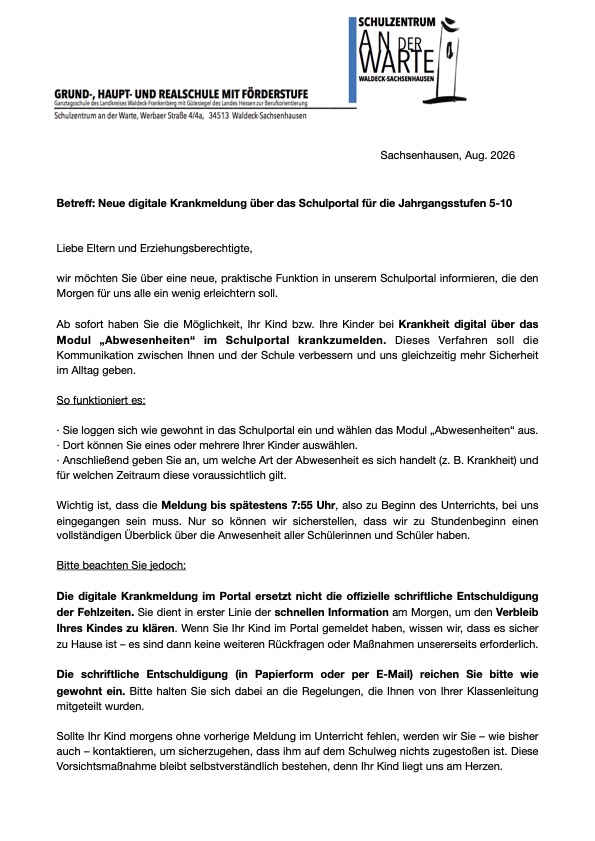 Krankmeldung Schulportal ab SJ2627